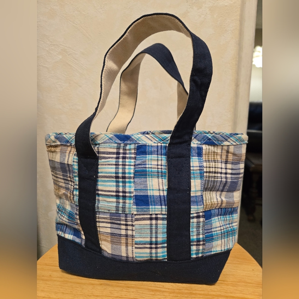 Small Plaid Tote Bag with Navy Accents
